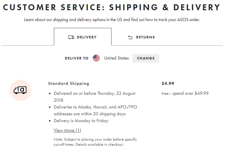 ASOS Shipping and Delivery page screenshot