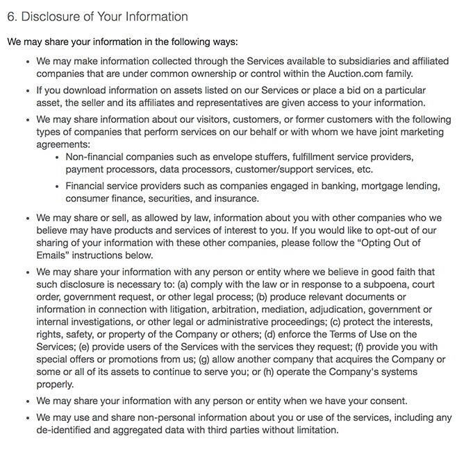 Auction.com Privacy Statement: Disclosure of Your Information clause