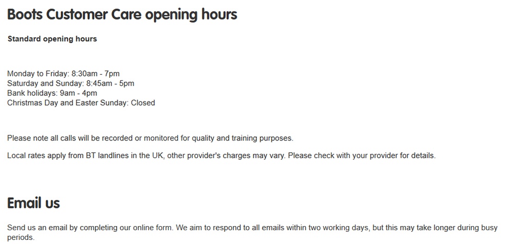 Boots: Contact hours and email information