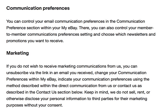 eBay Privacy  Notice: Communications preferences and marketing clauses