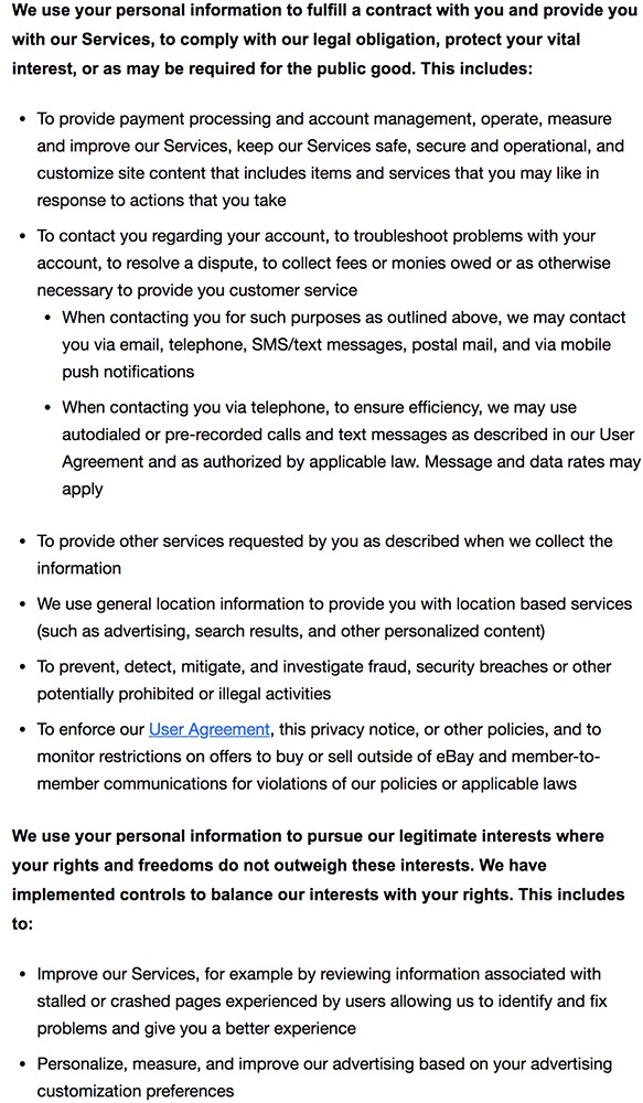 eBay Privacy Notice: How we use your personal information clause