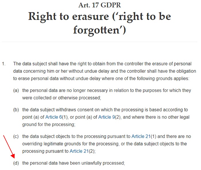 GDPR Info: Article 17: Right to erasure - Unlawfully processed data section noted