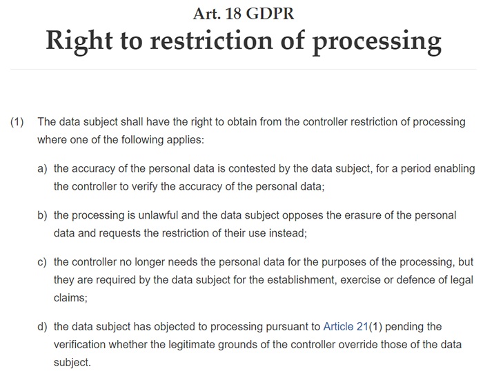 GDPR Info: Article 18: Right to restriction of processing