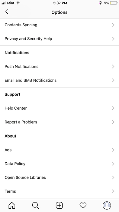 Instagram mobile app Options and About menu with Privacy Policy URL