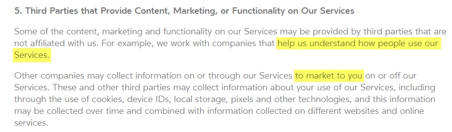 Oculus Privacy Policy: Third parties that provide content, marketing or functionality on our services clause