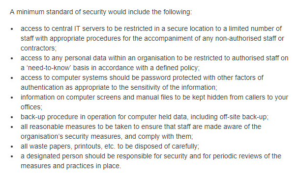 A Guide for Data Controllers from the Office of the Data Protection Commissioner of Ireland: Section on security