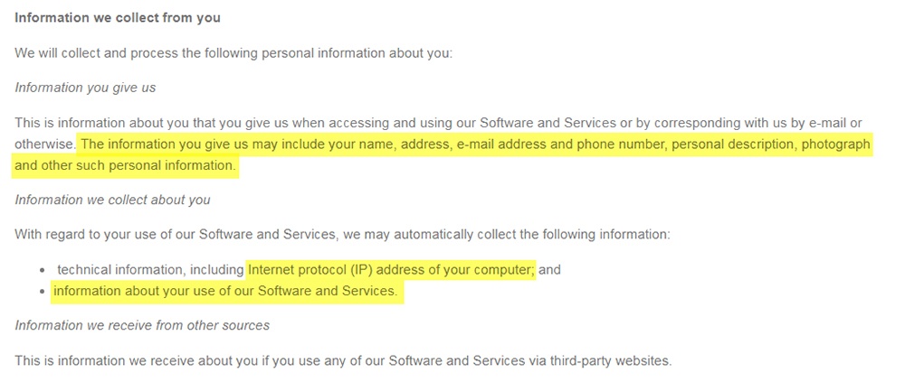 Solfar Privacy Policy: Information we collect from you clause excerpt