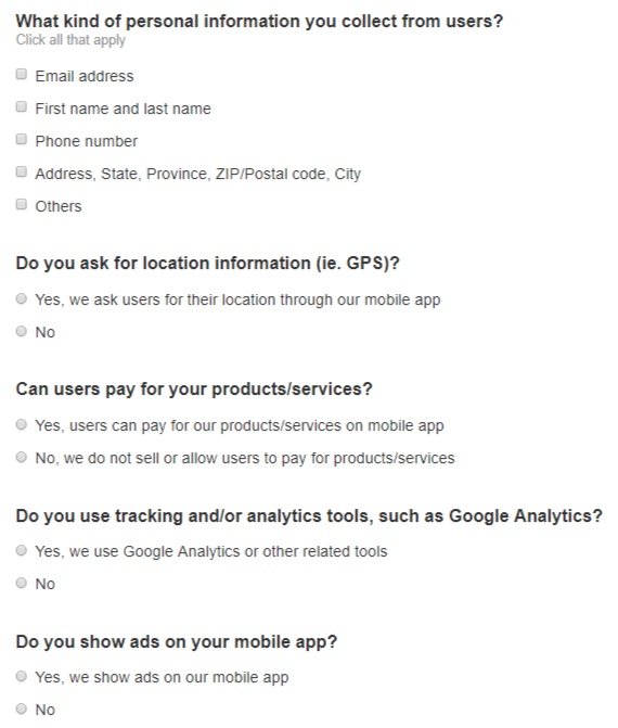 TermsFeed Privacy Policy Wizard for mobile apps: Screenshot of excerpt of questions to answer in step 3