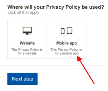 TermsFeed Privacy Policy Wizard screenshot of selecting mobile app step 1