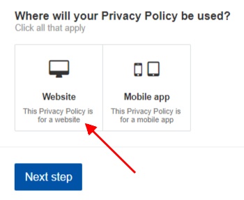 TermsFeed Privacy Policy Wizard screenshot of selecting website step 1
