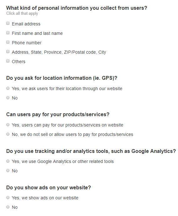 TermsFeed Privacy Policy Wizard for websites: Screenshot of excerpt of questions to answer in step 3