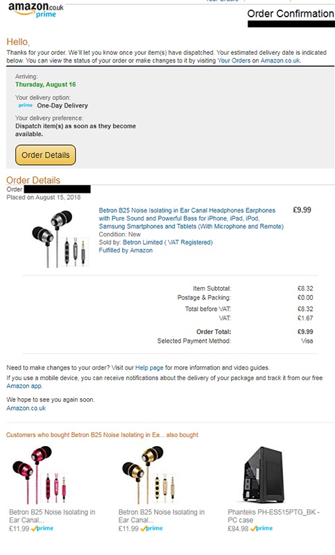 Screenshot of order confirmation email from Amazon UK