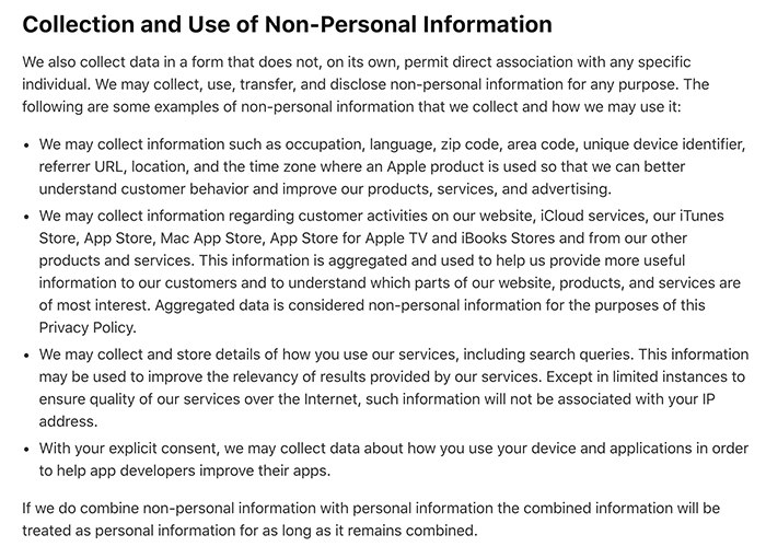 Apple Privacy Policy: Collection and Use of Non-Personal Information clause