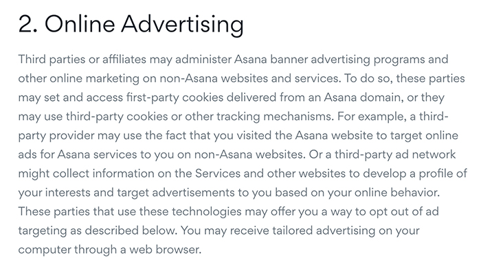 Asana Privacy Policy: Online Advertising clause