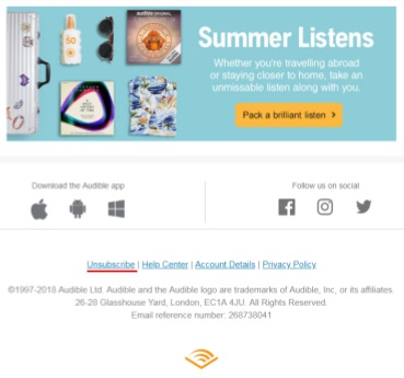 Audible email footer with unsubscribe link highlighted