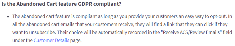 BigCommerce GDPR FAQ: Abandoned shopping cart feature section