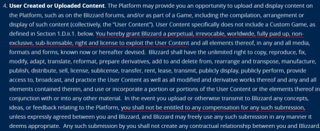 Blizzard EULA: User created or uploaded content clause