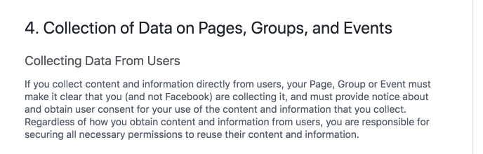 Facebook General Policies on Pages, Groups and Events: Collecting Data from Users clause with Privacy Policy requirement