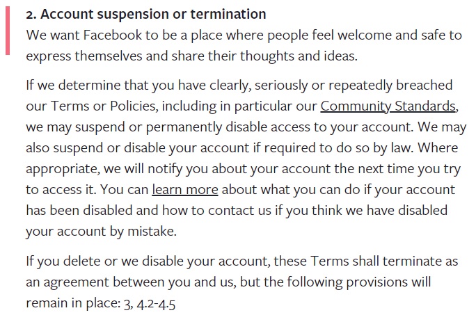 Facebook Terms of Service: Account suspension or termination clause