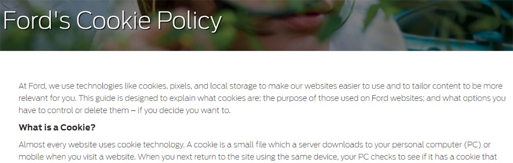 Ford UK Cookie Policy intro screenshot