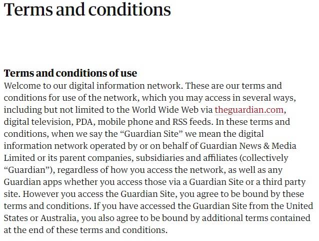 The Guardian Terms and Conditions of Use - Screenshot of intro