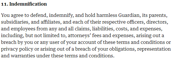 The Guardian Terms of Service: Indemnification clause