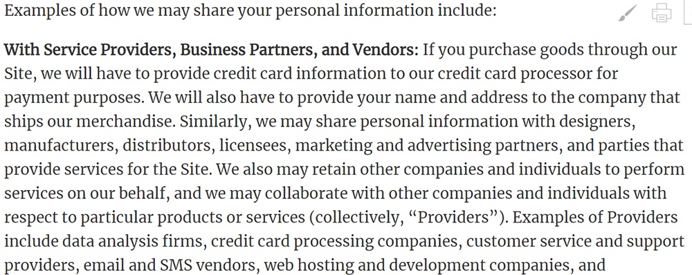 Hush Puppies Privacy Policy: How we may share personal information with service providers, business partners and vendors or third parties clause