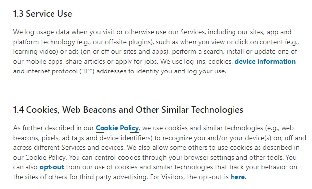 LinkedIn Privacy Policy: Information we collect - Service Use and Cookies and Other Technologies clauses