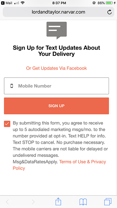 Lord and Taylor mobile sign-up form for text delivery updates with clickwrap checkbox to agree and consent