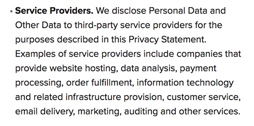 Marriott Privacy Statement: Disclosure of Personal Data - Service Providers clause