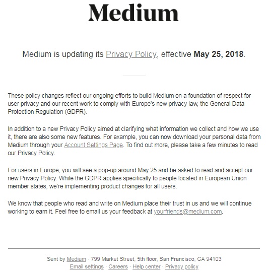 Screenshot of Medium&#039;s Privacy Policy update notification email