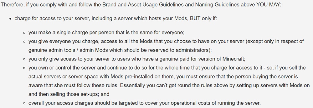 Minecraft Commercial Guidelines: Charging access to server and mods - Requirements clause