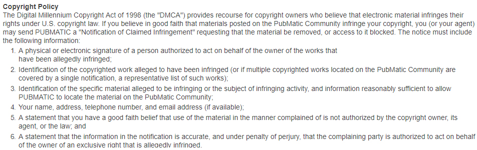 PubMatic Terms and Conditions: Copyright policy clause