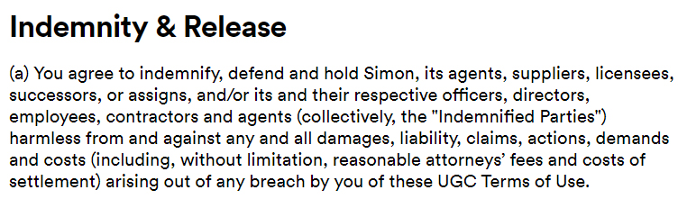 Simon Terms of Use for User Generated Content Policy: Indemnity and Release clause