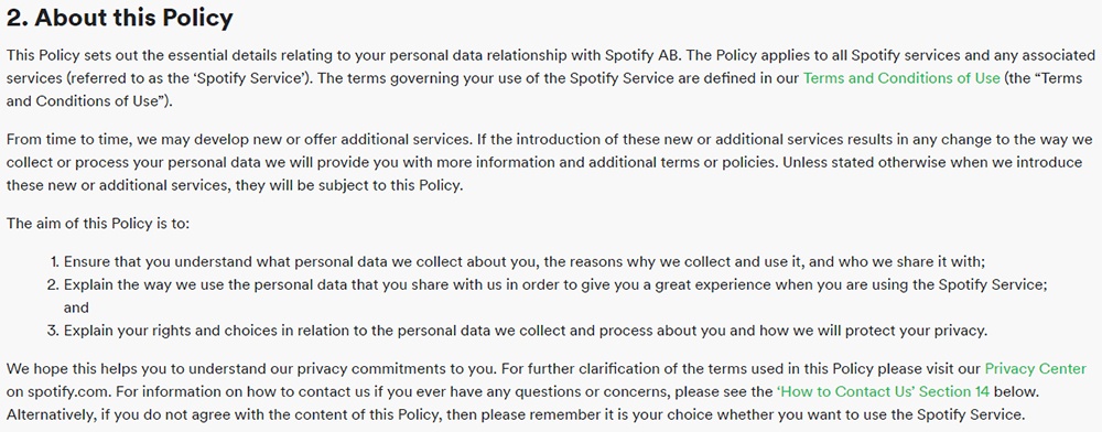 Spotify UK Privacy Policy: About this Policy clause