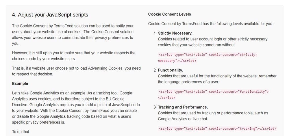TermsFeed Cookies Consent: Adjust your website&#039;s JavaScript to users - Step 4