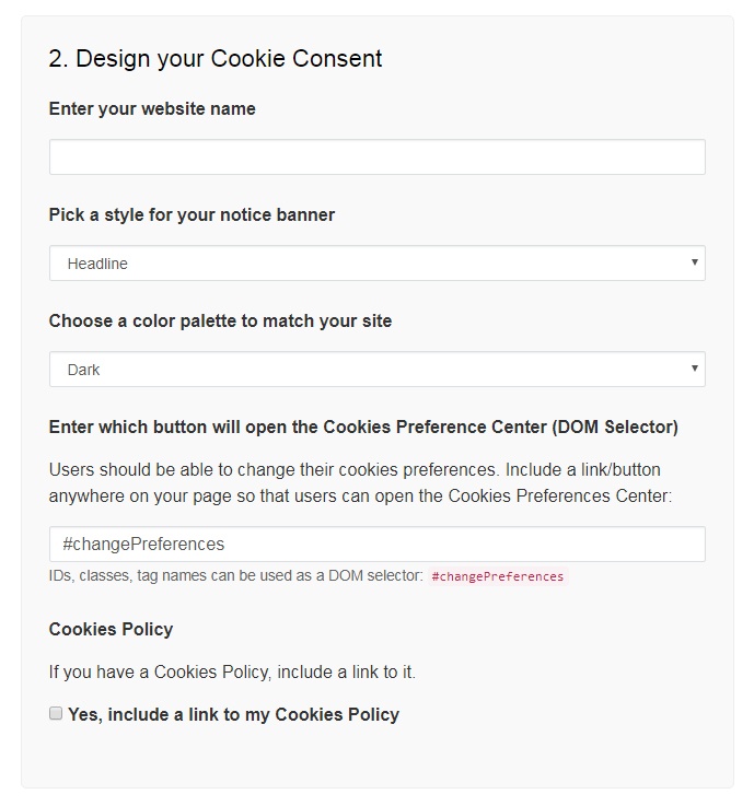 TermsFeed Cookies Consent: Customize your consent - Step 2