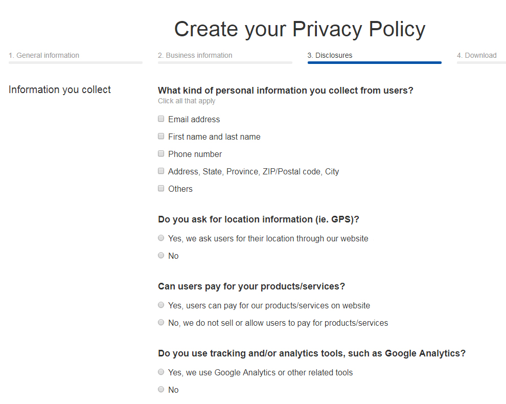 TermsFeed Privacy Policy Generator: Answer questions about business practices  - Step 3