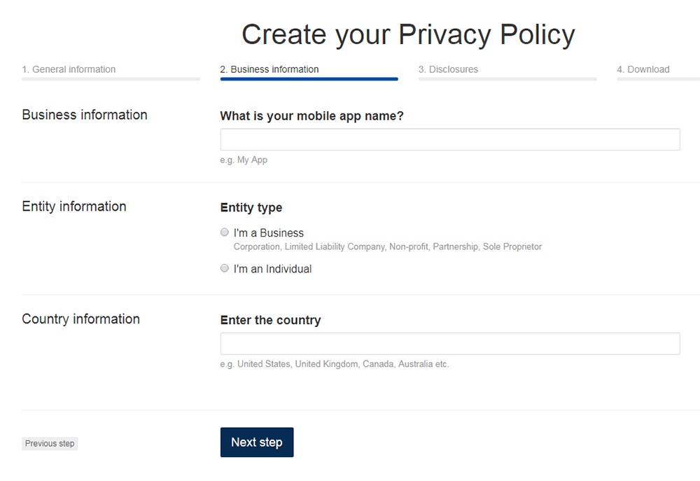 TermsFeed Privacy Policy Generator: Answer questions about Mobile App - Step 2