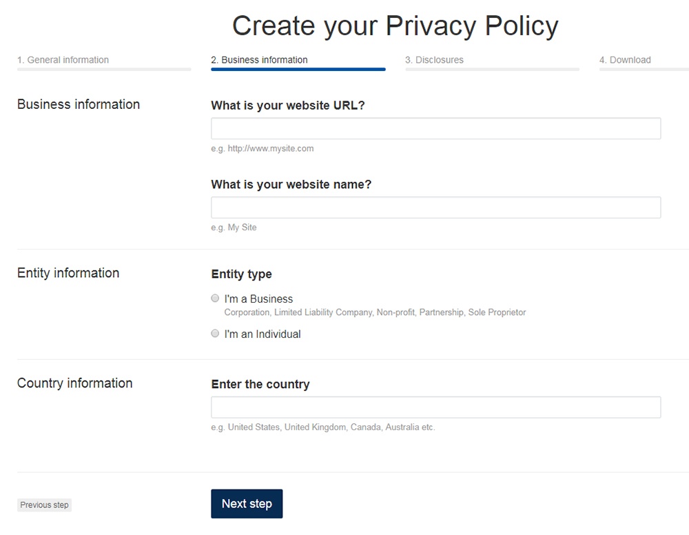 TermsFeed Privacy Policy Generator: Answer questions about website - Step 2