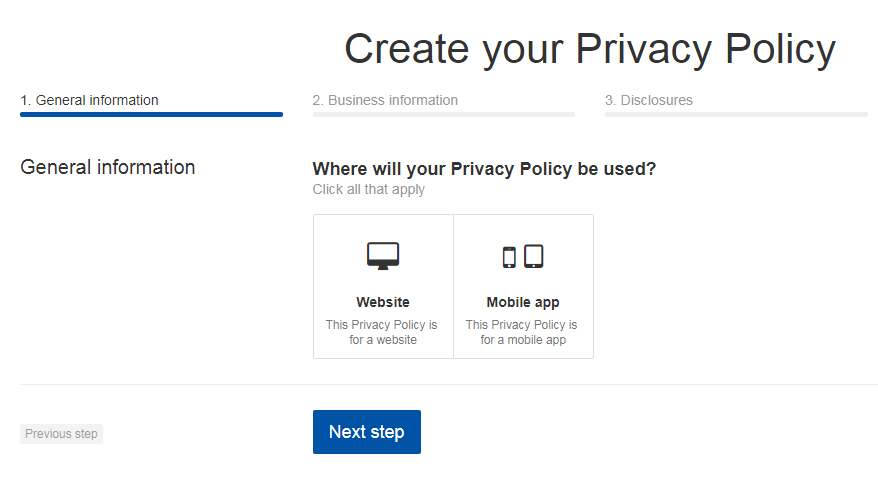 TermsFeed Privacy Policy Generator: Create Privacy Policy for Website - Step 1