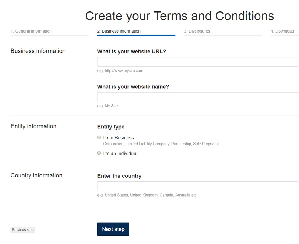 TermsFeed Terms and Conditions Generator: Answer questions about website - Step 2