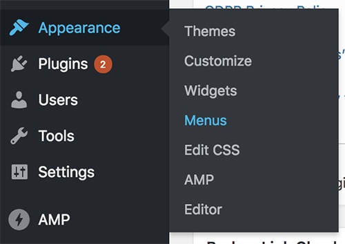 WordPress dashboard Appearance menu