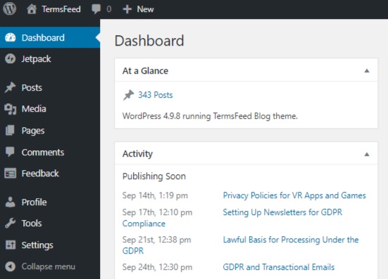 Screenshot of WordPress main Dashboard
