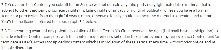 YouTube Terms of Service: No copyright material to be submitted and violation of terms clauses