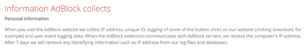 AdBlock Privacy Policy: Personal information AdBlock collects clause with information about deletion of log files