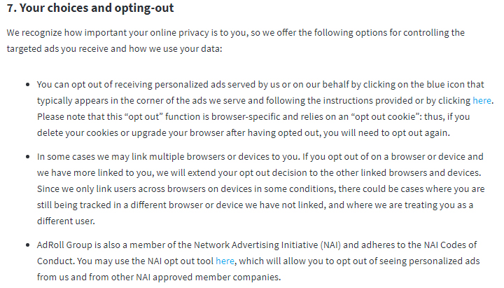 AdRoll Service Privacy Notice: Excerpt of cookies opt-out and choices clause