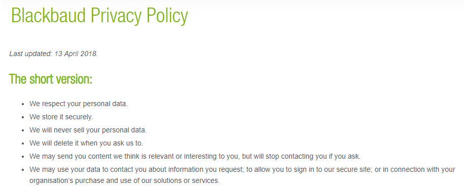 Blackbaud Privacy Policy: Short Version/Intro section