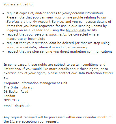 British Library Privacy Policy: Your Rights - GDPR clause