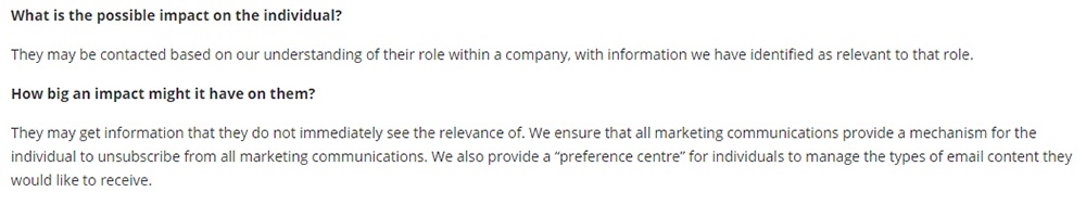 Collier Pickard UK Legitimate Interest Assessment: Excerpt of impact on individual section